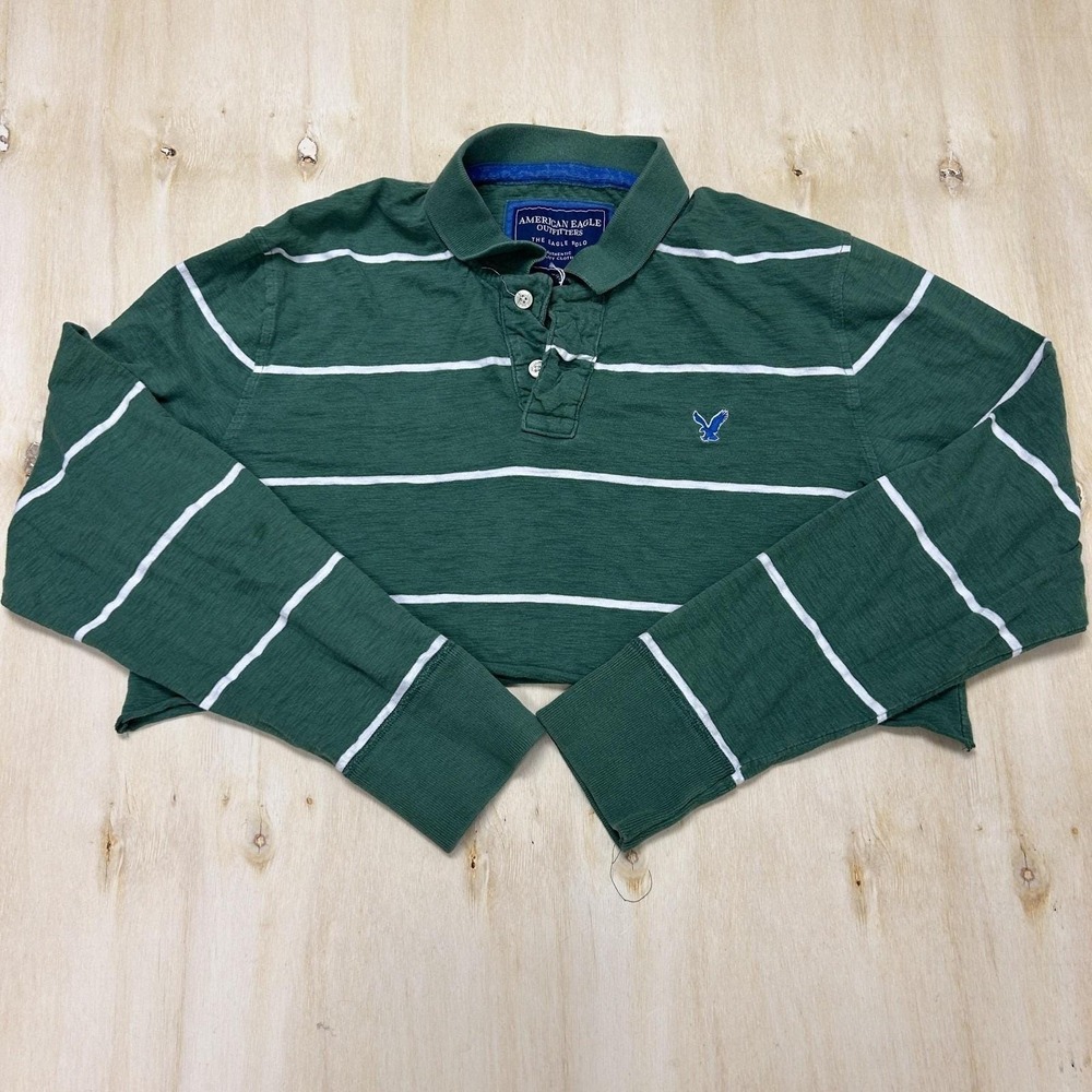 Vintage American Eagle Polo Shirt Womens XL Green Stripe Crop Polo Long Sleeve